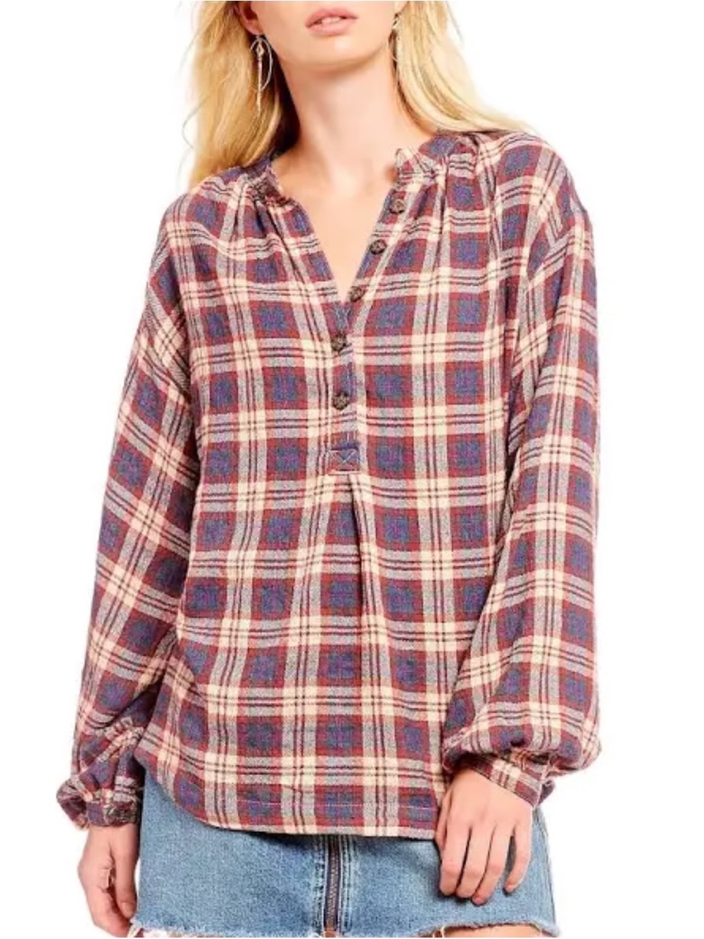 Free People Plaid Flannel Popover Long Sleeve Boho Oversized Fall Cabincore Top